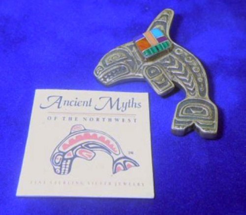 NORTHWEST INDIAN WHALE BROOCH PIN TURQUOISE ORIGINAL: This Vintage STERLING SILVER Northwest Indian Whale Pin comes with the Original Documentation. It has Superb detail accented by various stones including Turquoise, Lapis Lazuli, Carnelian and Malachit