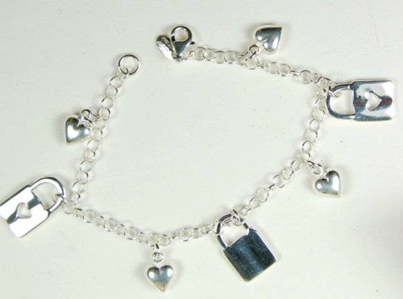 CHARM BRACELET STERLING SILVER 7 CHARMS LOCK HEART (1 of 1)