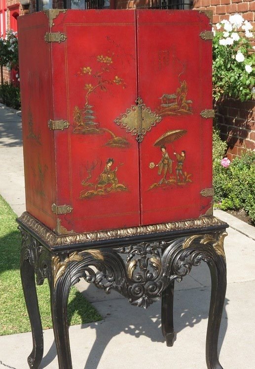 Antique Red Chinoiserie Chest on Carved Italian Stand (1 of 3)