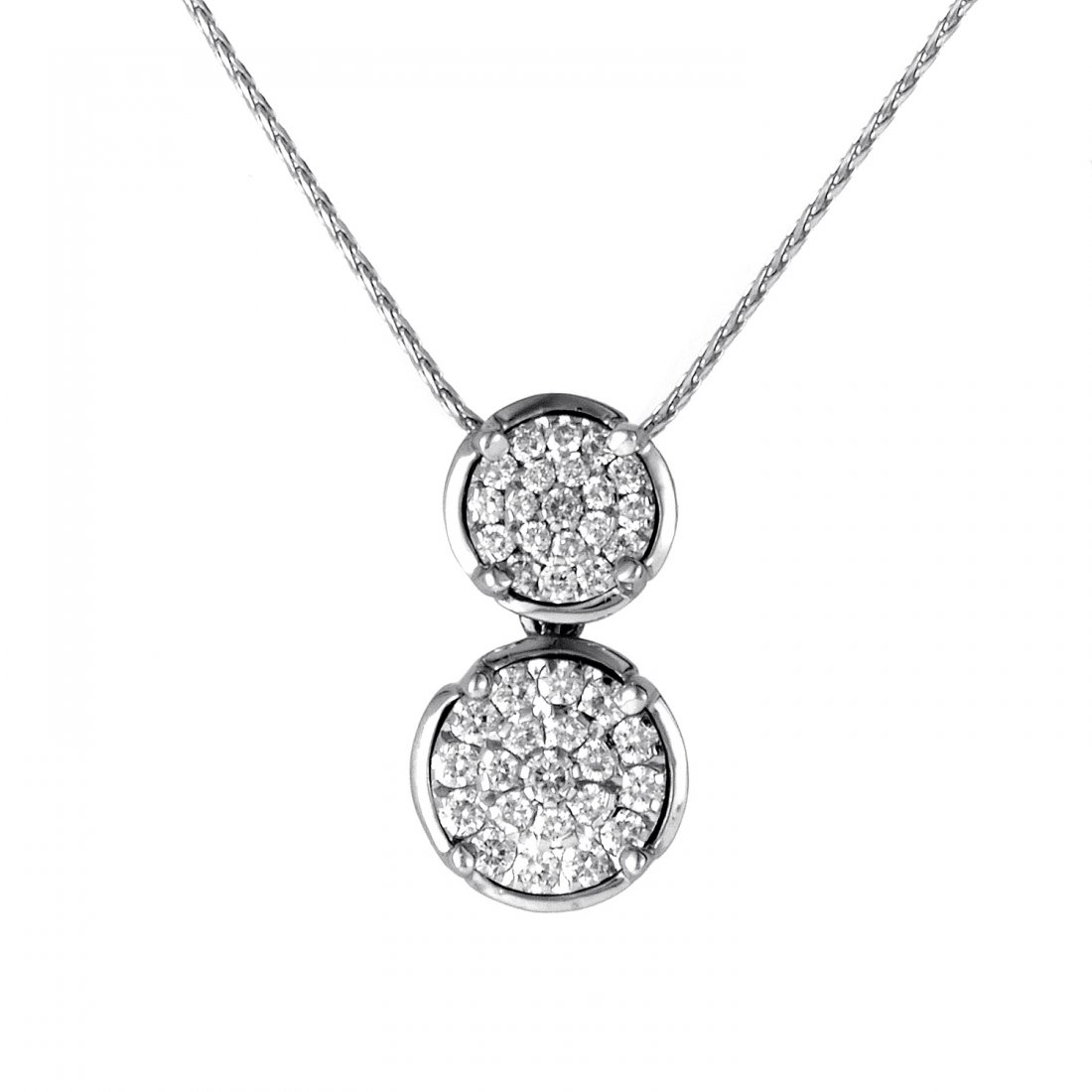 18K White Gold Diamond Pave Pendant Necklace 81636050: This elegant necklace from Chimento is simply beautiful. The necklace is made of 18K white gold with a fetching pendent that has ~.80ct of diamonds clustered in two circular settings. Please note that