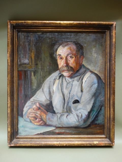 Ejnar Hansen: Portrait of a Man with Mustache: Ejnar Hansen: Portrait of a Man with Mustache P1048 Dated 1930, large portrait of a contemporary man in work shirt, suspenders and a substantial ‘stache. Framed, 31 x 36, image 25 x 31. Oil on canva