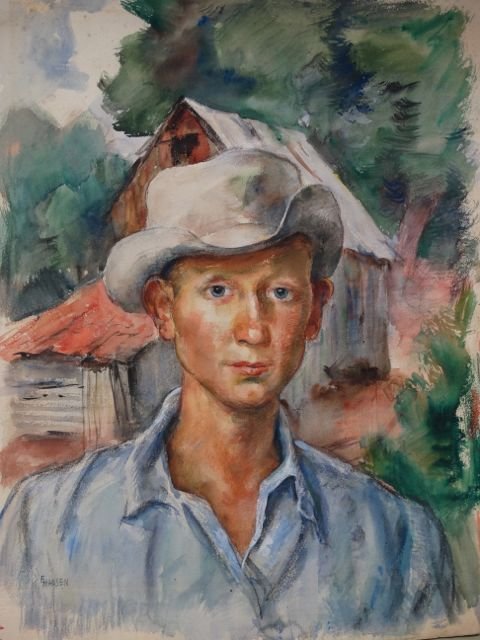 Ejnar Hansen: Watercolor of California Ranch Hand: Ejnar Hansen: Watercolor of California Ranch Hand P1029 Ejnar Hansen, beautifully realized watercolor portrait of a pre-war California ranch hand. We also have a glorious drawing of the same subject.