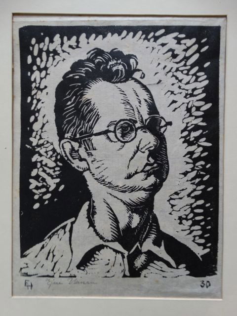 Ejnar Hansen: Man in Round Glasses Woodblock: Ejnar Hansen: Man in Round Glasses Woodblock P1027 Ejnar Hansen, Man in Round Glasses woodblock print, 1930. Image is 9 x 12, with frame, 15.5w x 18h. Born into poverty in Copenhagen, Denmark, Ejnar H