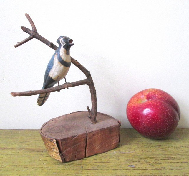 Carved Miniature Blue Jay on Branch (1 of 7)