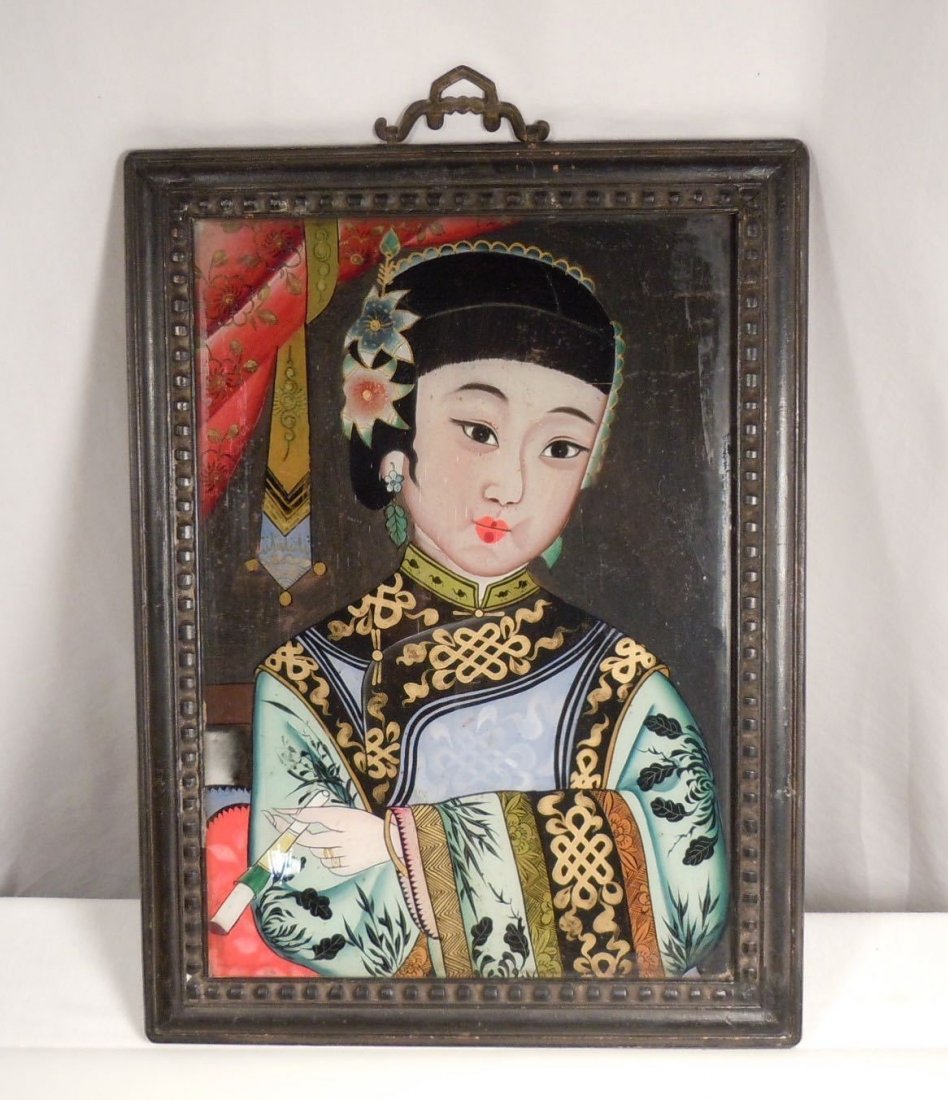 Chinese Reverse Glass Painting - Girl Smoking: Antique reverse painting on glass of a girl smoking. It measures 15.5" x 12" and is in excellent condition. No damage to the glass, light wear to the frame. No Reserve Free shipping for this item with