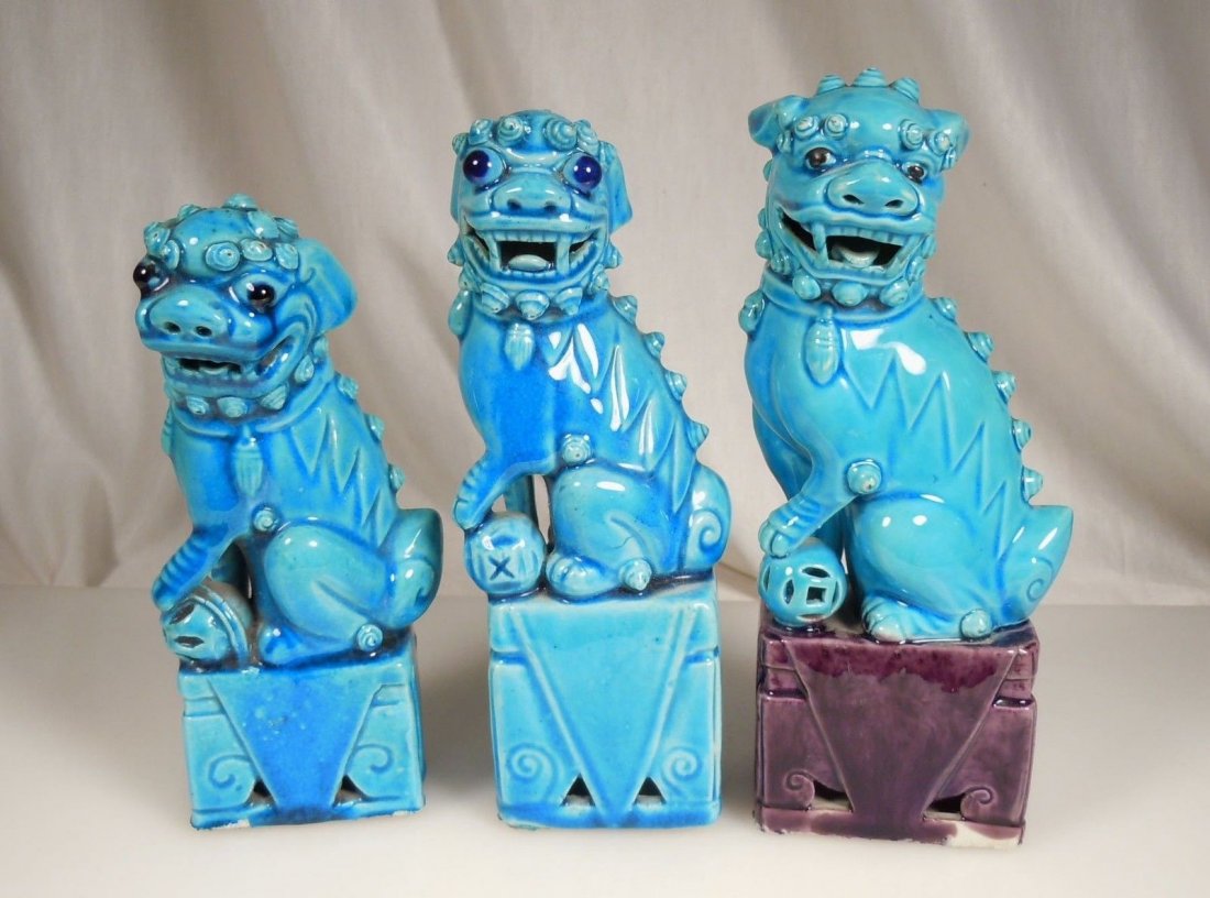 3 Chinese Turquoise Blue Glaze Porcelain FOO DOGS (1 of 6)