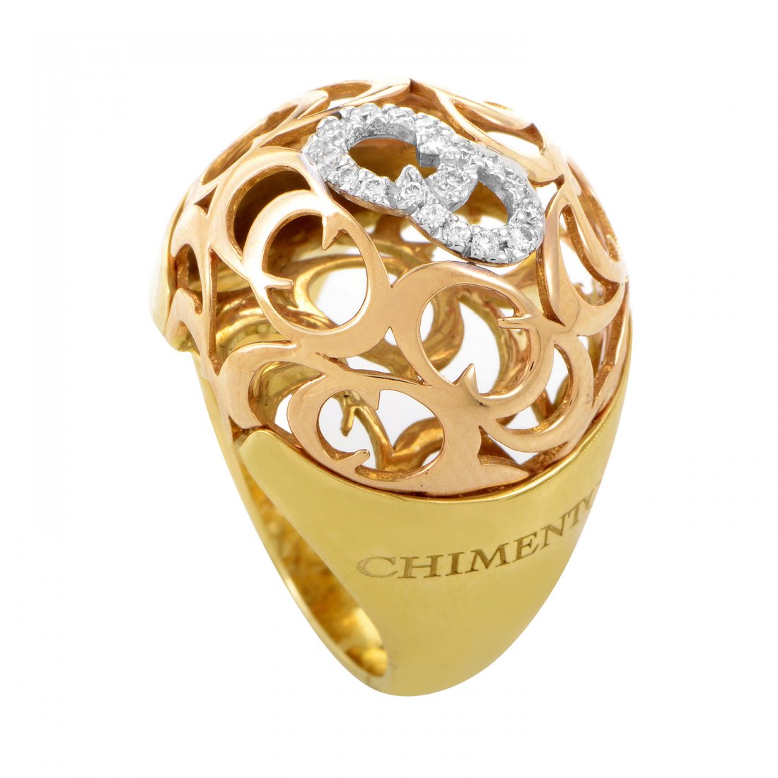 Chimento: 18K Multi-Tone Gold Diamond Dome Ring: This mesmerizing ring is an exquisite Chimento piece. The intricate 18K rose design is adorned with ~.25ct of diamonds in a pave setting of 18K white gold, all brought together by the 18K yellow gold