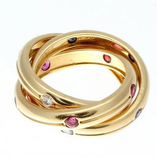 Cartier Trinity Ruby Sapphire Diamond Gold Ring: Cartier, elegant and timeless. Fashioned with lively rubies, sapphires and diamonds. Hand crafted in 18k yellow gold. Ring size 6. Please note that this lot has a reserve. When you leave a bid in adva