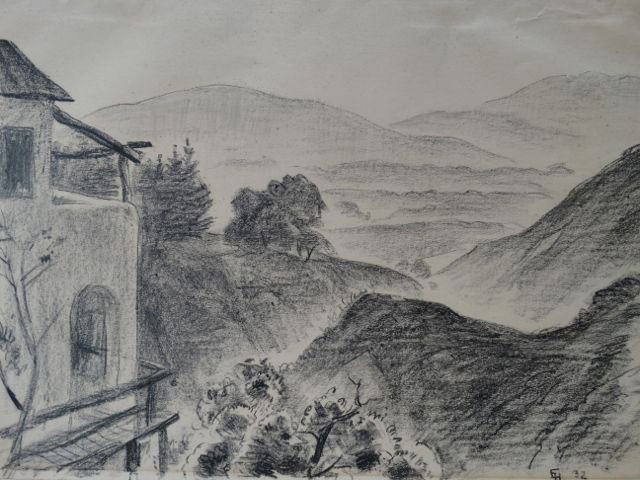 Ejnar Hansen, Santa Barbara House Valley View: Ejnar Hansen drawing of a home in Santa Barbara with the valley beyond. Image, 16w x 12d, Framed, 25 x 21. All items are authentic and original as described. This item ships from Los Angeles, CA. No R