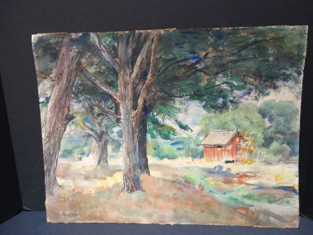 Ejnar Hansen “Barn in the Woods”: Another great barn painting from Ejnar Hansen. This one is in the woods, mountains in the background. Watercolor on paper, 20w x 15h. This item ships from Los Angeles, CA. No Reserve Authenticity is g