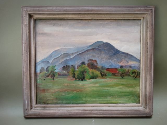 Ejnar Hansen Landscape: Beautiful Ejnar Hansen California landscape showing a range of mountains and a grove of trees in that season when the California landscape becomes lush. This item ships from Los Angeles, CA. No Reserv