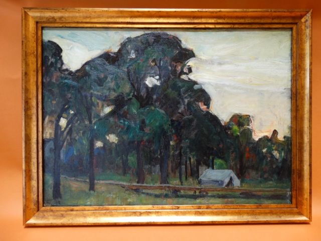 Ejnar Hansen “California Campground”: Ejnar Hansen glorious rendition of an old campground somewhere in the Golden State. San Gabriel Mountains near Pasadena, perhaps, or northern California. Beautiful and so colorful, oil on board. Image