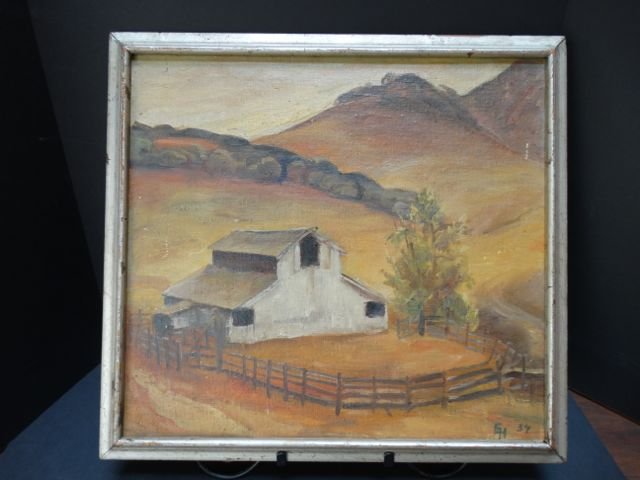 Ejnar Hansen “Barn 1934”: Great Ejnar Hansen barn painting in a dry and hilly autumn landscape. Dated 1934, oil on board. Image 18w x 15h, with frame 20.5 x 18.5. This item ships from Los Angeles, CA. No Reserve Authenticity i