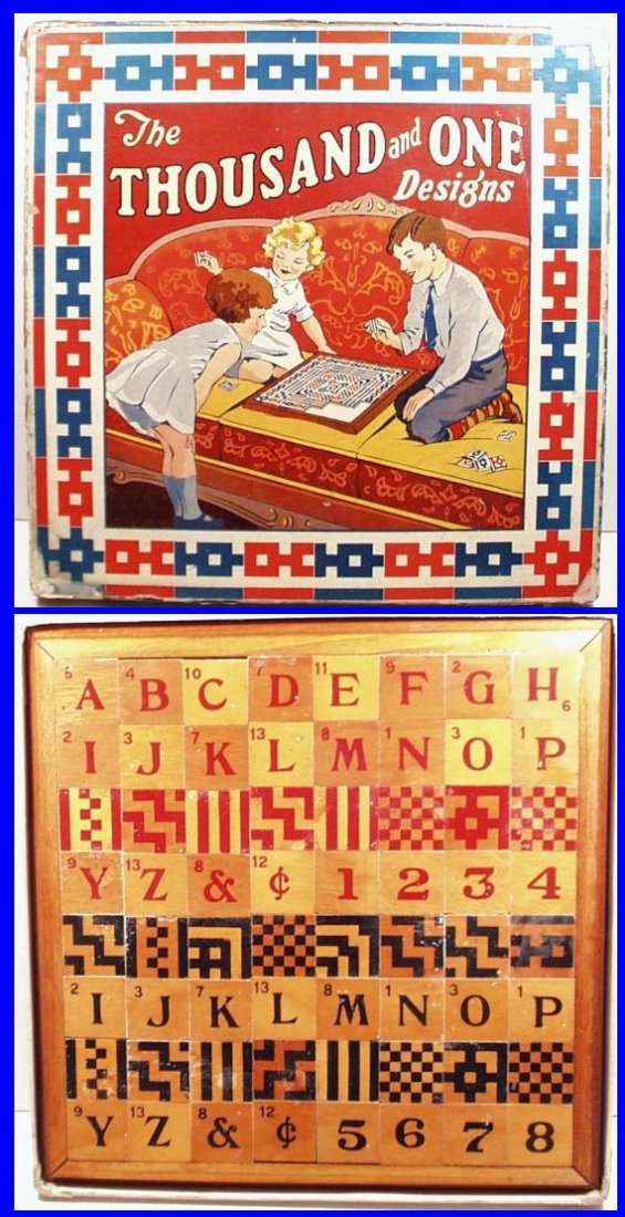 RARE!! Vintage 1930's THOUSAND AND ONE DESIGN Wooden: RARE Vintage 1930's THOUSAND AND ONE DESIGN GAME by Mengel Co, St. Louis MO. Game contains a wooden tray with wooden blocks numbers, letters and designs, plus 2 layers of additional numbers, letters a