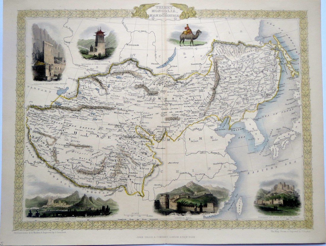 Thibet, Mongolia, and Mandchouria, 1851: Original engraving by J. Rapkin, published by John Tallis, 1851. Beautiful hand coloring with decorative border. Map features insets of Chigatei, Mausoleum at Teshoo Loomboo, Little Thibet, Chinese Wa