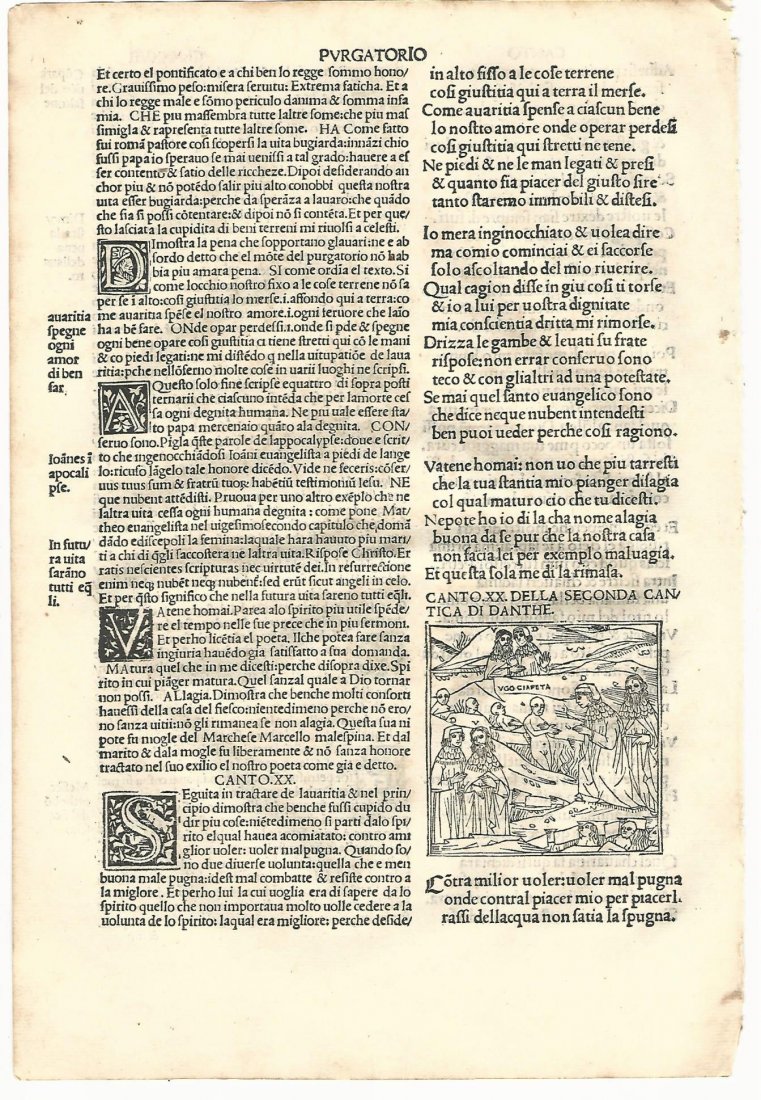 1507 Woodcut Leaf Dante Purgatorio: An original leaf from a rare early Renaissance printing of Dante's Divine Comedy. Danthe Alighieri Fiorentino Historiado [Adams D86], Venice, for Bartholomeo de Zanna da Portese , 1507. Commentary by 