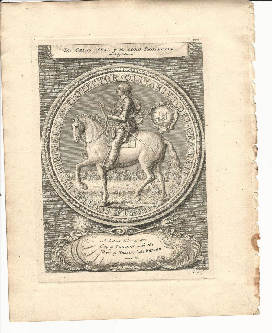 1753 Great Seal of Oliver Cromwell: 1753 Engraving of “The Great Seal of the Lord Protector”, Oliver Cromwell, on horseback by T. Simon and engraved here by George Vertue. Fine, measures 9 x 11”. No Reserve Free shipping for this