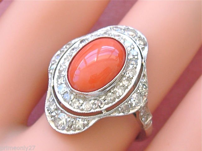 ESTATE ART DECO 1.26ctw DIAMOND 3.5ct CABOCHON CORAL (1 of 4)