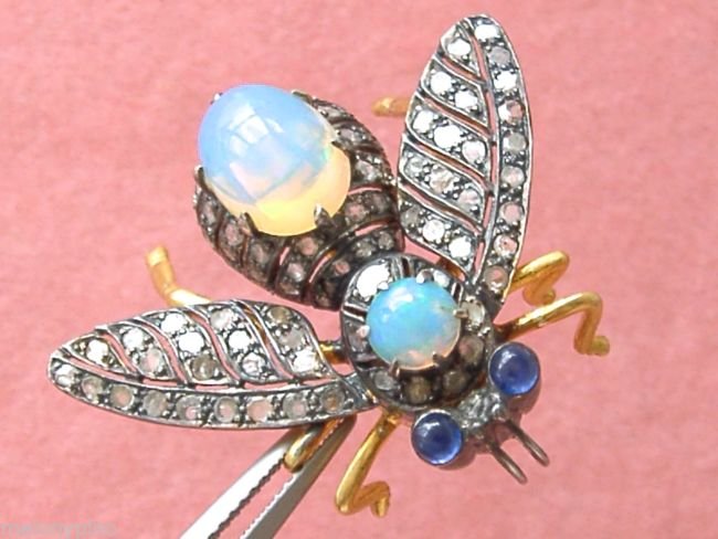 ANTIQUE STYLE .50ctw DIAMOND 2.5ctw OPAL SILVER-GILT (1 of 4)