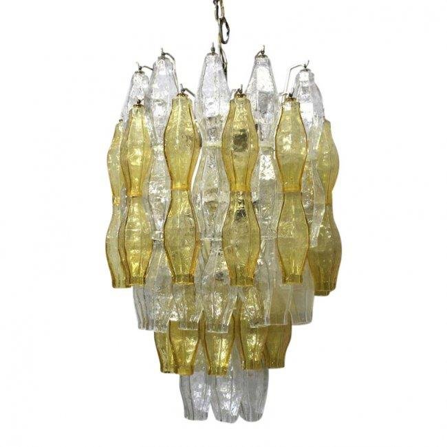 Poliedri Murano Chandelier: Vintage Poliedri Murano Chandelier. Mixed glass clear and pale yellow. 7 Edison sockets. 57 pieces of glass. Each glass piece is 12in long. Measurement Height: 26" / 66.04cm Diameter: 14.5" / 36.83cm