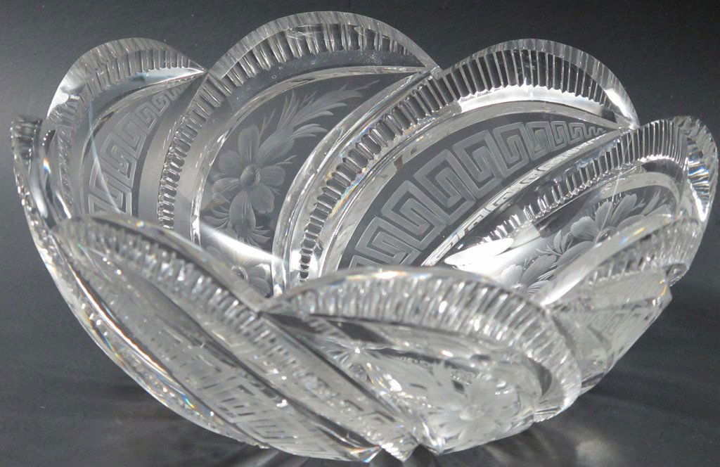 Signed Libbey Cut Glass greek key & Floral bowl Vintage (1 of 5)