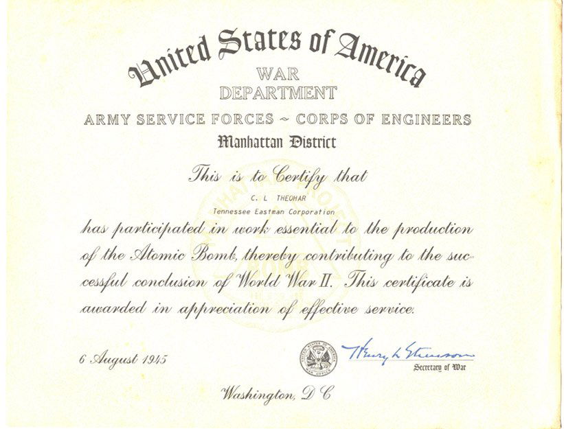 Rare WWII Manhattan Project Service Certificate (1 of 2)