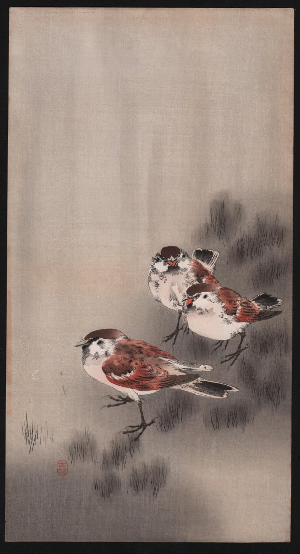 Original Japanese Woodblock print by Koson: Artist: Ohara Koson. Subject: Sparrows in rain. Date: c. early 1900’s. Measures: 7.25” x 13.5” No Reserve Shipping for this group will be $15 per lot domestic, $40 oversea's. No additional charg