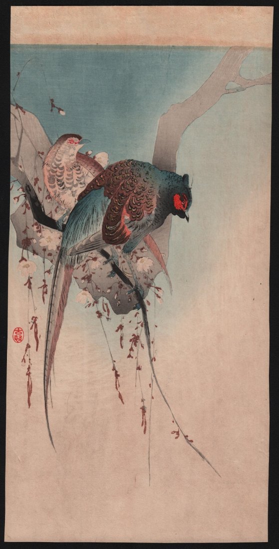 Original Japanese Woodblock print by Koson: Artist: Ohara Koson. Subject: Two pheasants. Date: c. early 1900’s. Measures: 7” x 14” No Reserve Shipping for this group will be $15 per lot domestic, $40 oversea's. No additional charge for mu