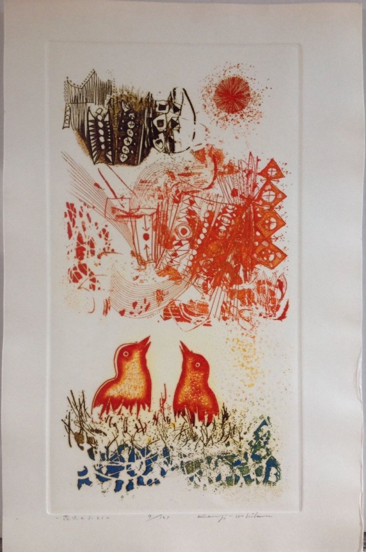KENJI USHIKU ( 1922-2012) - Color Etching " Birds Nest" (1 of 3)