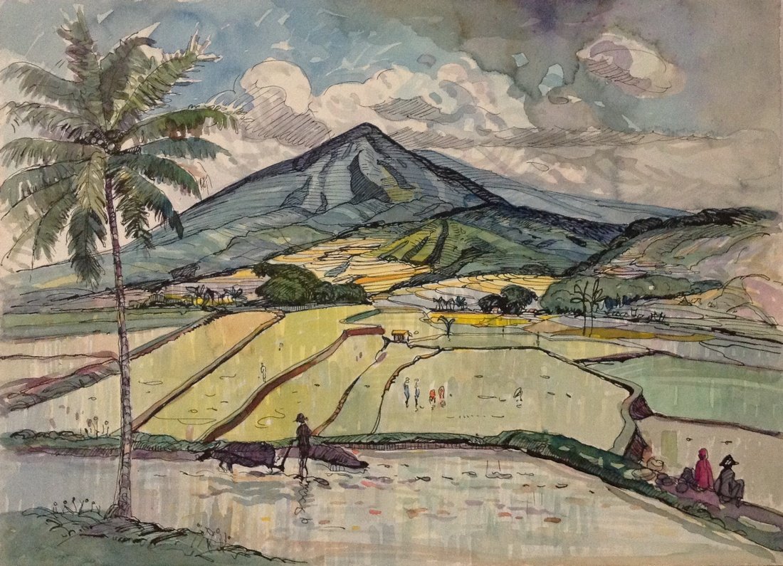 Muslim Saleh ( b. 1972) Sumatra - Watercolor - Mid: Artist: Muslim Saleh (b. 1927) Sumatra Type: Watercolor Dimension: sheet 10 x 14" . Excellent condition. Indonesian impressionist artist MUSLIM SALEH (1927-). He was born in West Sumatra and learned f