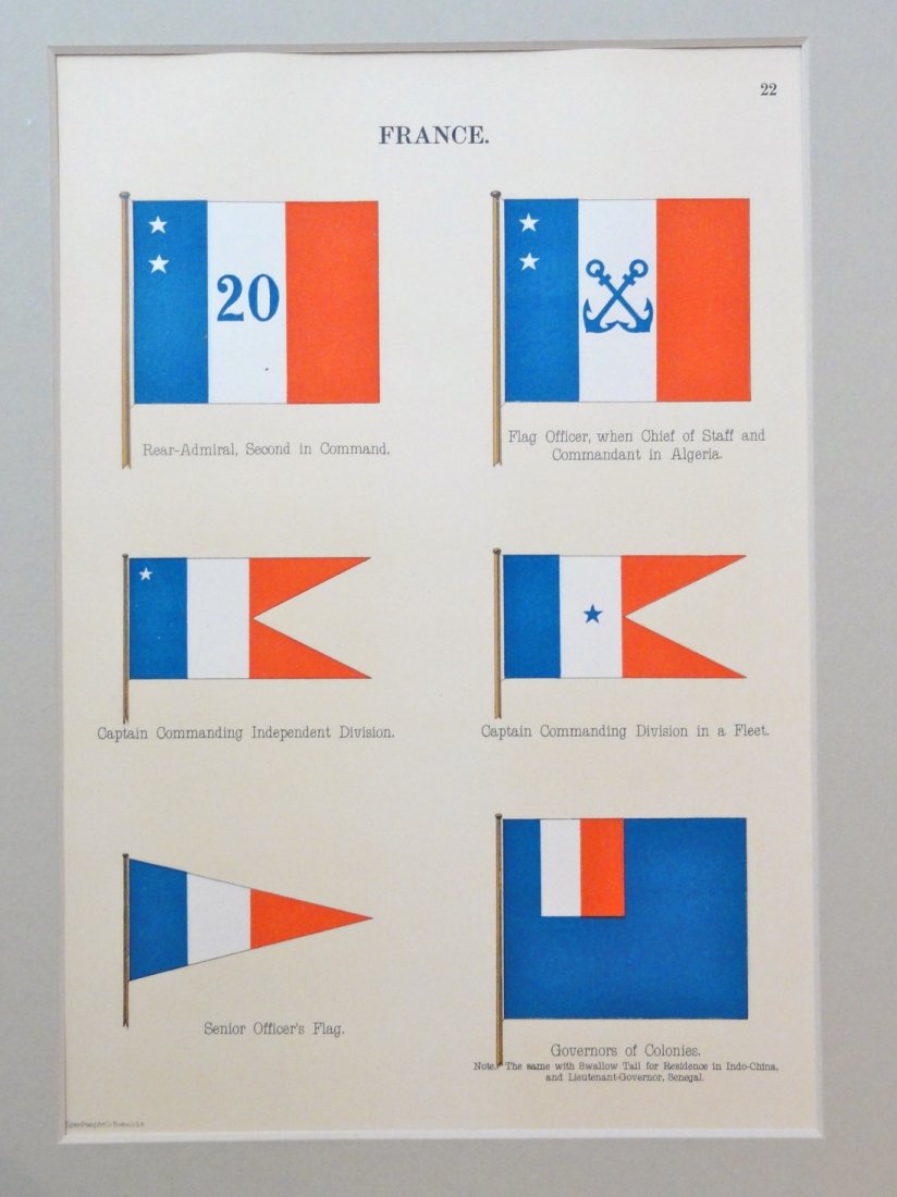 Nautical Flags of France, 1882: Original chromolithograph from "Flags of the Maritime Nations" published by the Bureau of Navigation, Washington, DC, 1882. Dimensions: 12" L x 16" W No Reserve