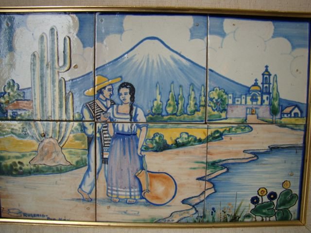 Mexican Rugerio Six Tile Wall Plaque: Antique Rugerio Signed Mexican Pottery Tile Uriarte. Rugerio six 5.5? square Tile Wall Plaque circa 1940s Man and Woman in Love. All items are authentic and original as described. No Reserve Buyer pay