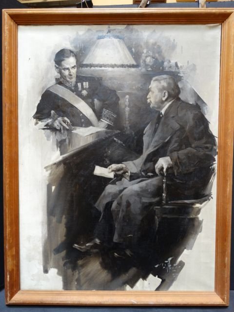 William Frederick Foster: Magazine Illustration World: Prime Minister David Lloyd George, at the War Cabinet, conferring with his Military Secretary Colonel Arthur Lee (later First Viscount Lee of Fareham). Probably one of a series of illustrations for an