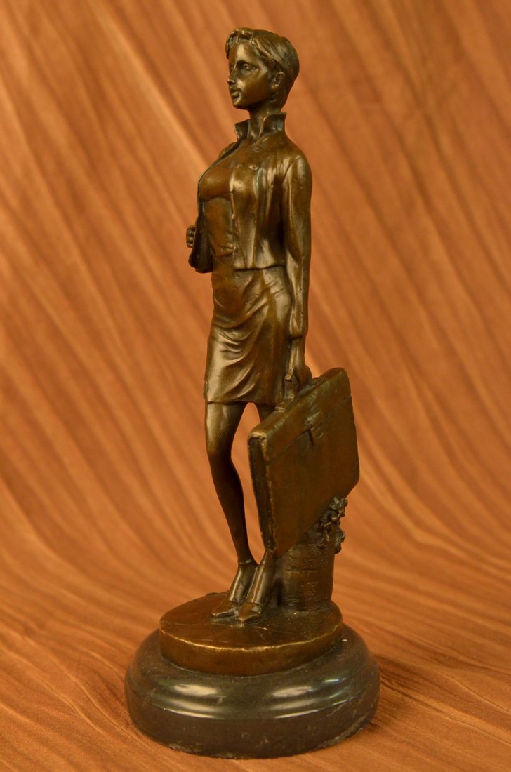 Business Woman Bronze Sculpture Office Deco Statue: This Delightful Piece Features A Woman In Contemporary Business Clothing Standing In A Pose Very Reminiscent Of A Model Stance. She Wearing Skirt, A Button Down Wrap Shirt. Her Face Seems To Emanate C
