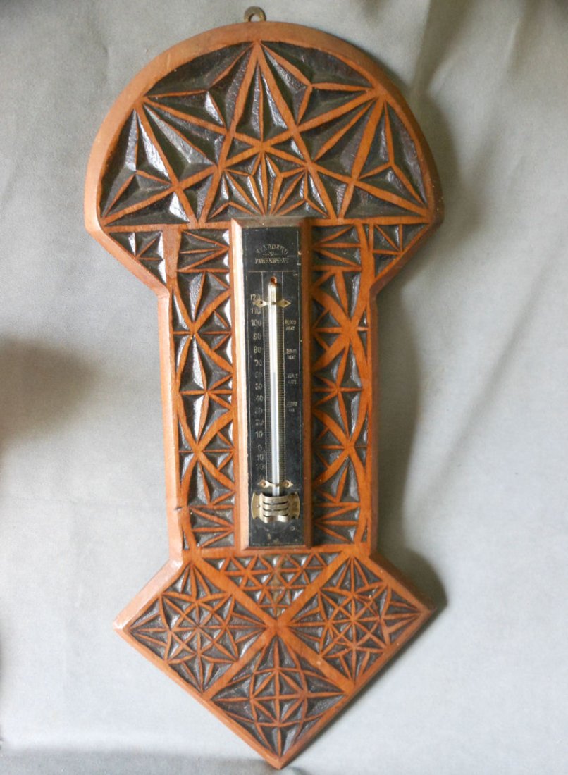 Antique Chip Carved Thermometer, Folk Art (1 of 4)