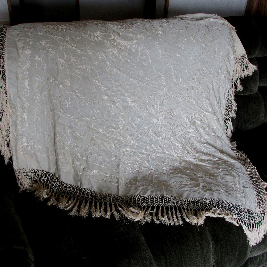 Antique Vintage Embroidered Silk Shawl, Piano Scarf (1 of 3)