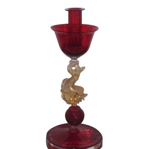 Antique Red Venetian Glass Candlestick w Dolphin Stem (1 of 4)