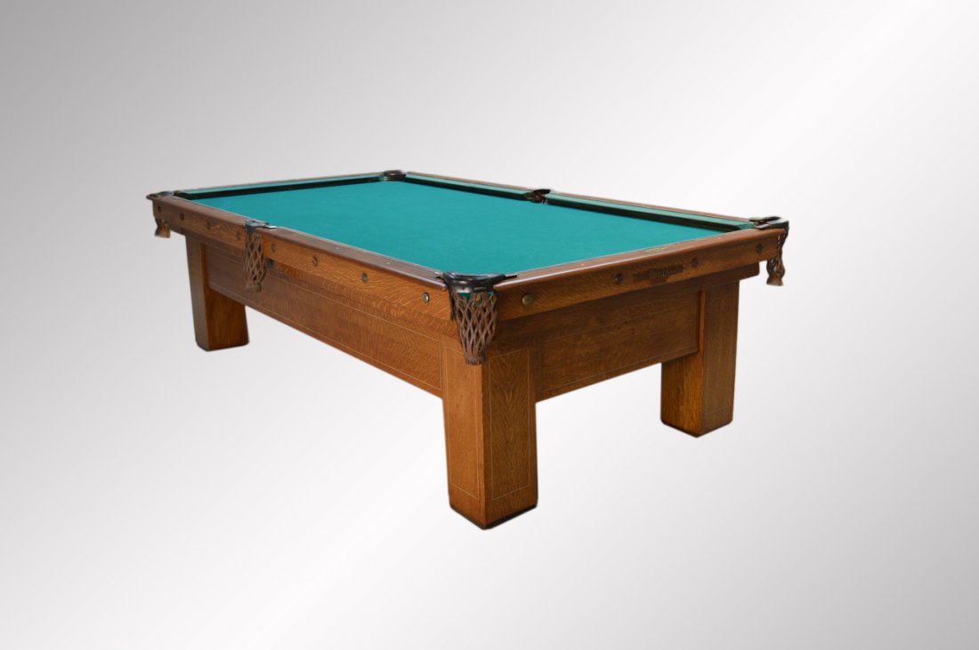 Antique Brunswick Quarter Sawn Oak Inlaid Pool Table