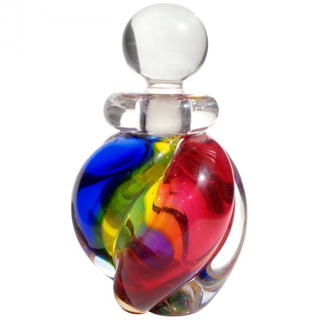 Seguso for Tiffany Murano Rainbow Art Glass Perfume: No Reserve - Elegant petit Murano sommerso blue, yellow, red art glass perfume bottle. Documented to Archimede Seguso for Tiffany, signed and labeled underneath. Measures 4" tall x 2 1/4" wide. This i