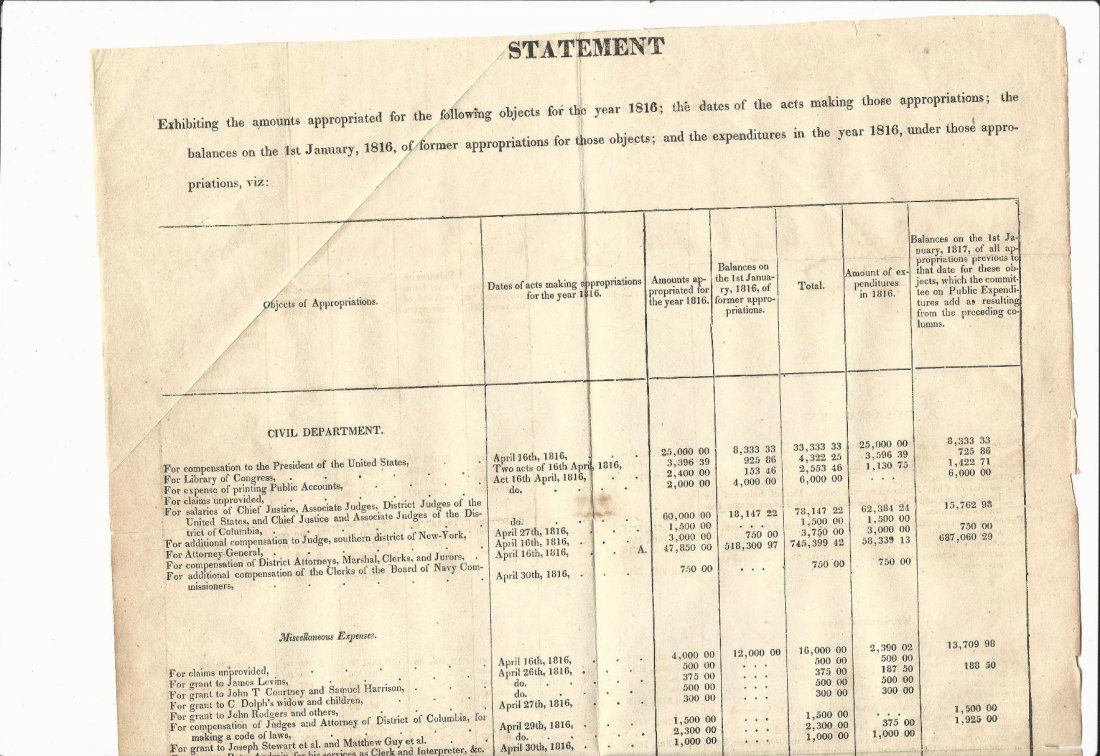 1816 Large Boradside United Staates Appropriations (1 of 2)