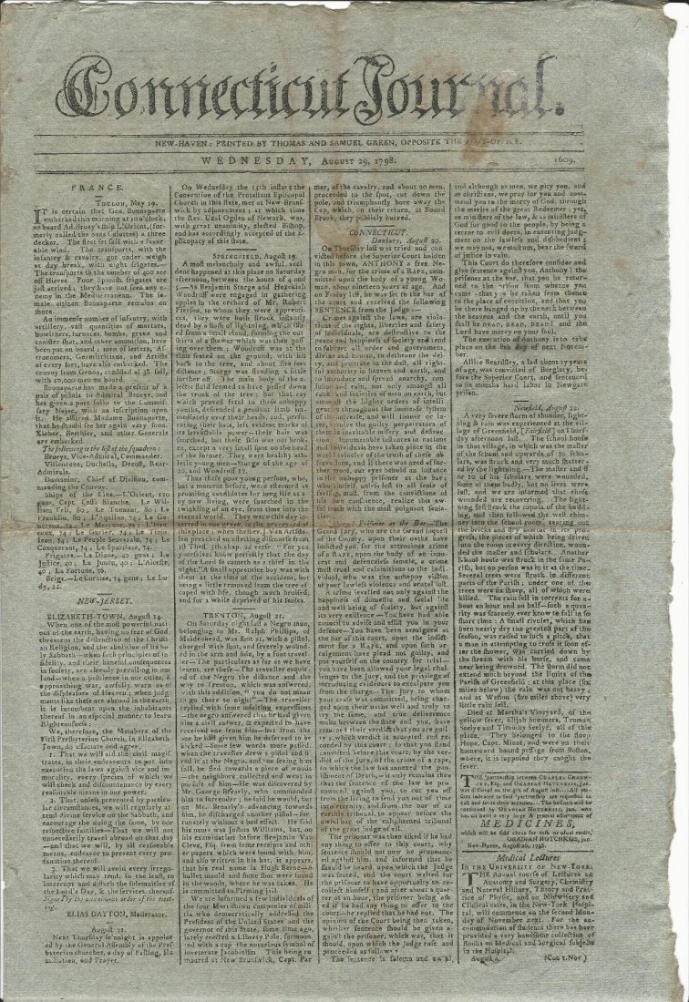 1798 Connecticut Journal Lord Nelson Napolean: The “Connecticut Journal” for January 29, 1798 printed at New-Haven, four pages complete. On bluisg paper, much interesting content including Napolean ar Toulon and of Lord Nelson also encounterin