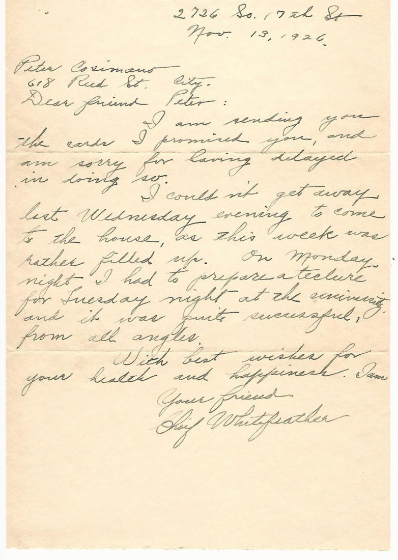 Indian Chief Whitefeather ALS and Postcard (1 of 2)