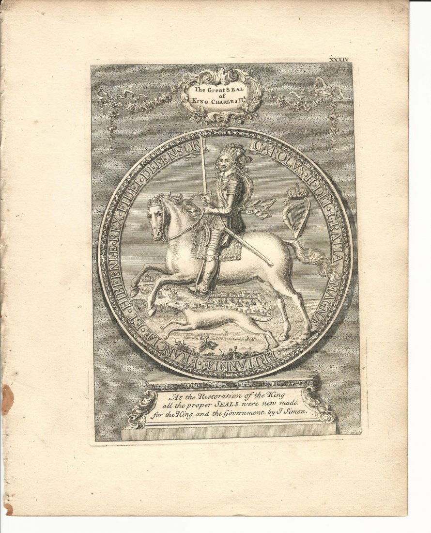 1763 Engraving Great Seal Charles II: 1763 Engraved plate of “The Great Seal of King Charles II”, beautiful, by George Vertue, on heavy paper. Measures 9 x 11.5”. A couple of related articles attached to verso. No Reserve Free shipp