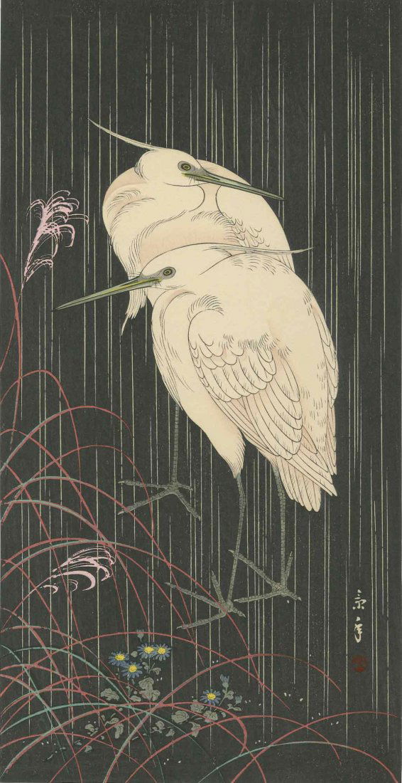 KEINEN IMAO - Two Egrets on a Rainy Night 1930s (1 of 2)