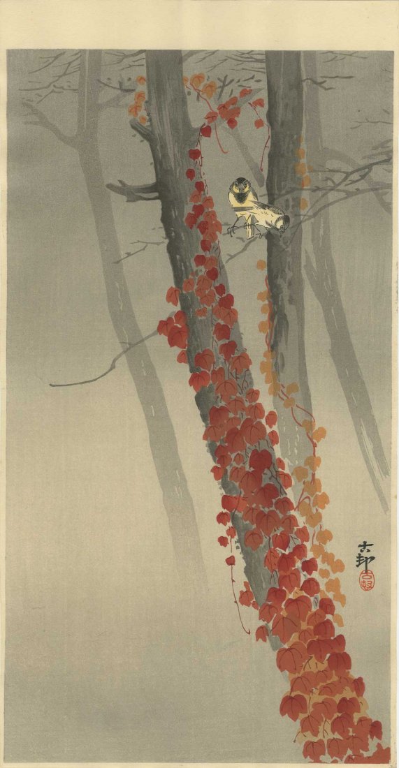 KOSON OHARA - Two Finches on Red Ivy 1930s (1 of 2)