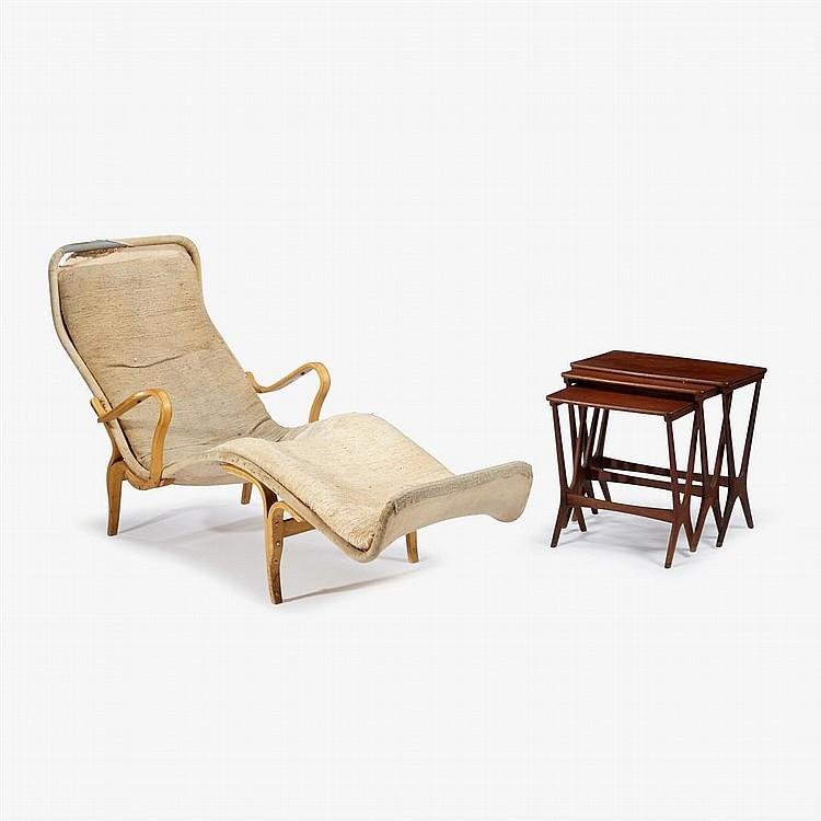 Brn Mathsson Pernilla 3 Chaise: Bruno Mathsson "Pernilla3" Chaise, Dux, Sweden, 1950s.Condition: Upholstery of chaise heavily worn with tears and stains. Measurement Height: 35.5" / 90.17cm Width: 28" / 71.12cm Length: 68" / 172.72c