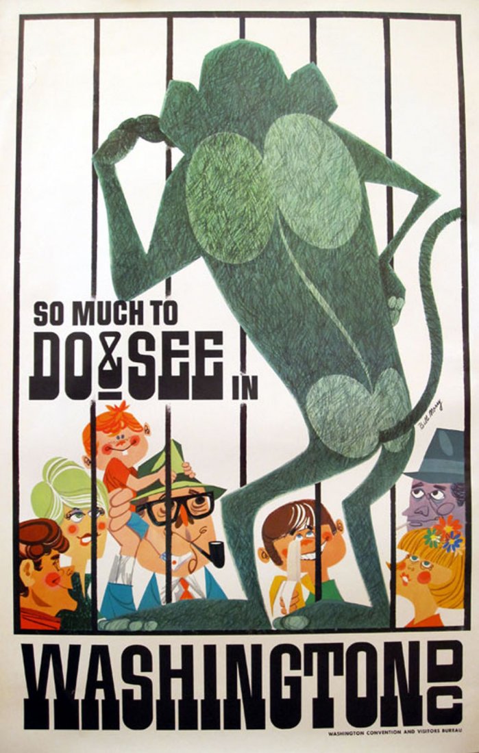 Washington DC See the Zoo: ARTIST: Morey YEAR: 1950s SIZE: 37 x 24 inches (94 x 61 cm) DESCRIPTION: Artist Bill Morey’s choice of a zoo (and especially the monkey cage) to advertise Washington DC could be viewed as a not-so-s