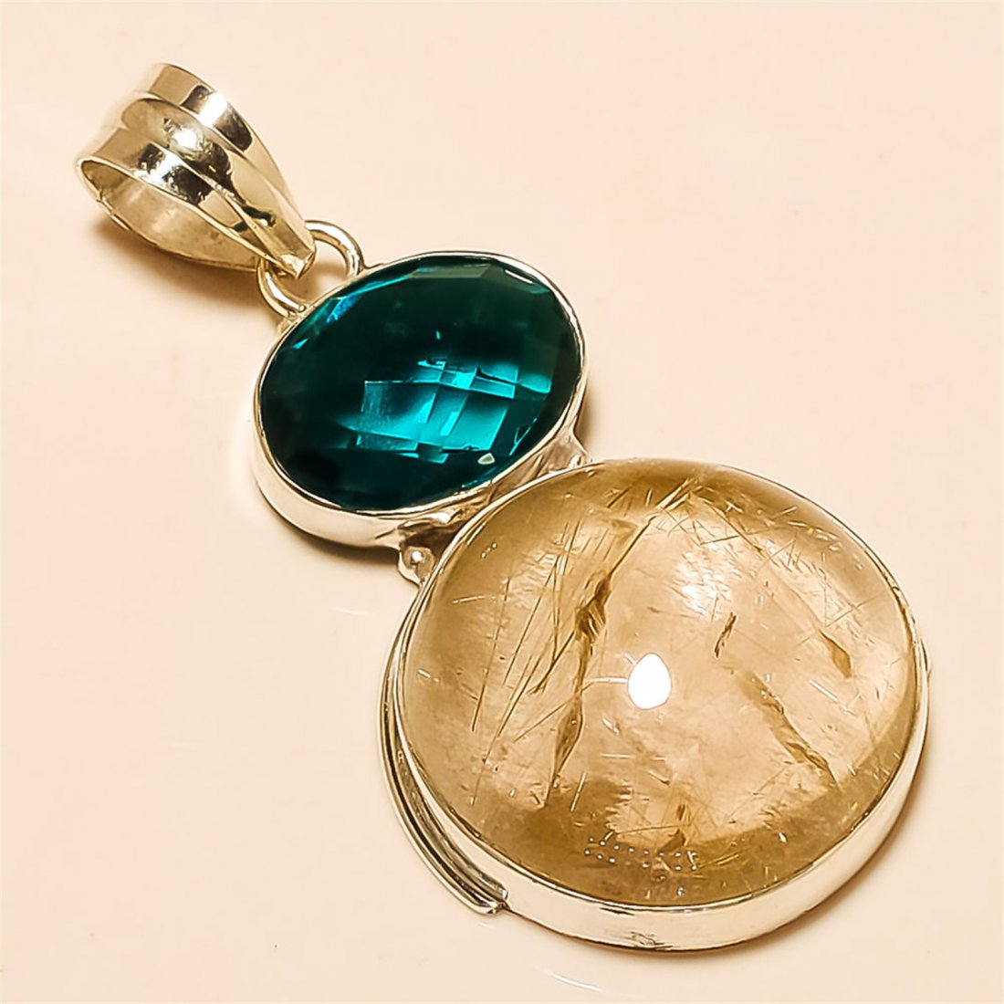 Golden Rutile /London Blue Topaz Pendant Solid Sterling (1 of 1)