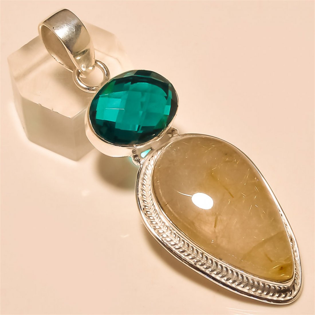 Golden Rutile /London Blue Topaz Pendant Solid Sterling (1 of 1)