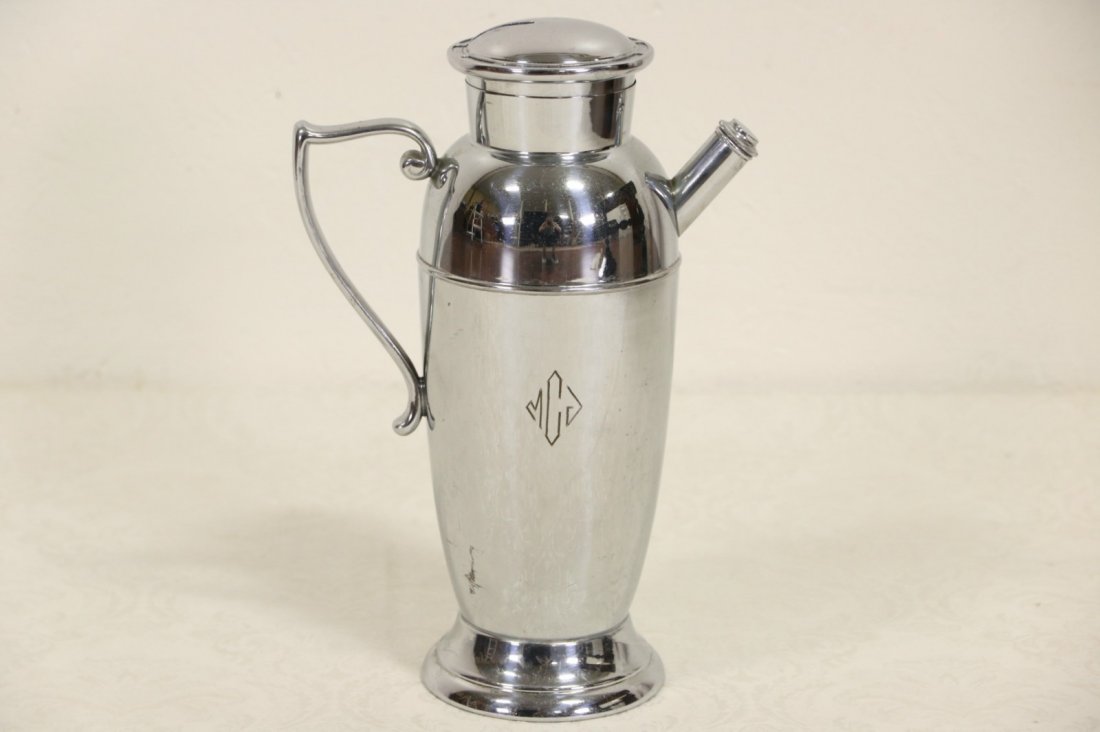 Art Deco 1940's Vintage Cocktail Shaker with Drink: A classic Art Deco cocktail shaker from about 1940 has an engraved Deco monogram plus dings and scuffs from use, see photos. From the era of Lauren Bacall and Humphrey Bogart, use this shaker to mix y